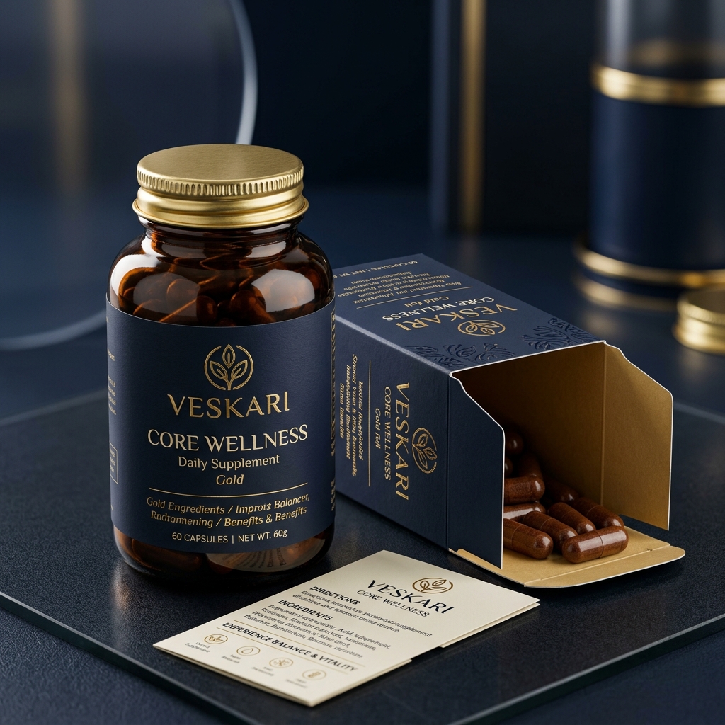 VESKARI Core Wellness premium glass bottle, open packaging box, and informational product leaflet